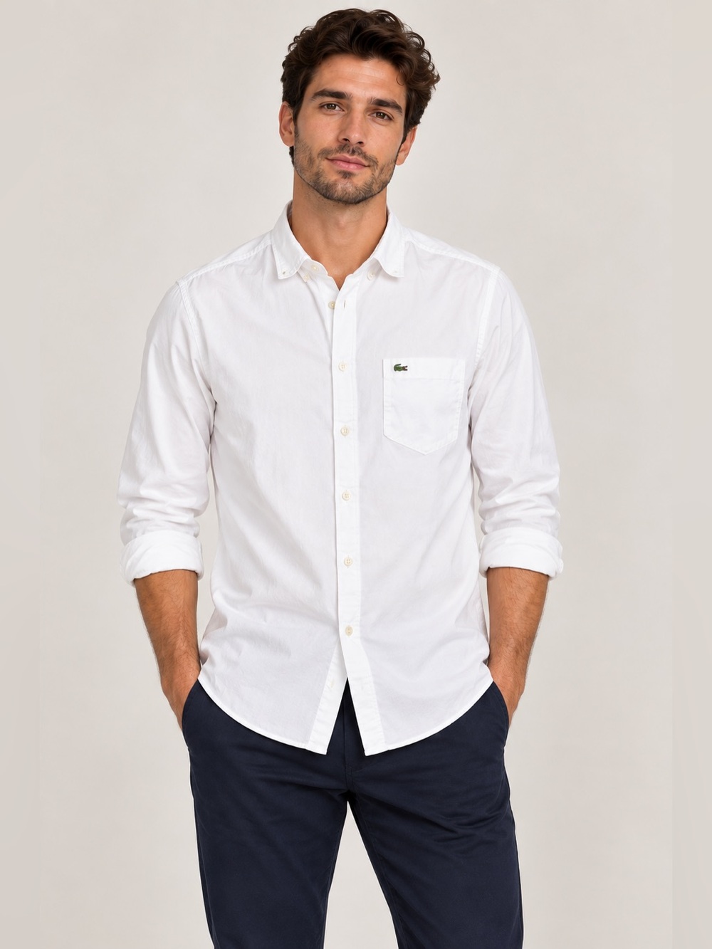Lacoste Men's White Long-Sleeve Button-Down Shirt
